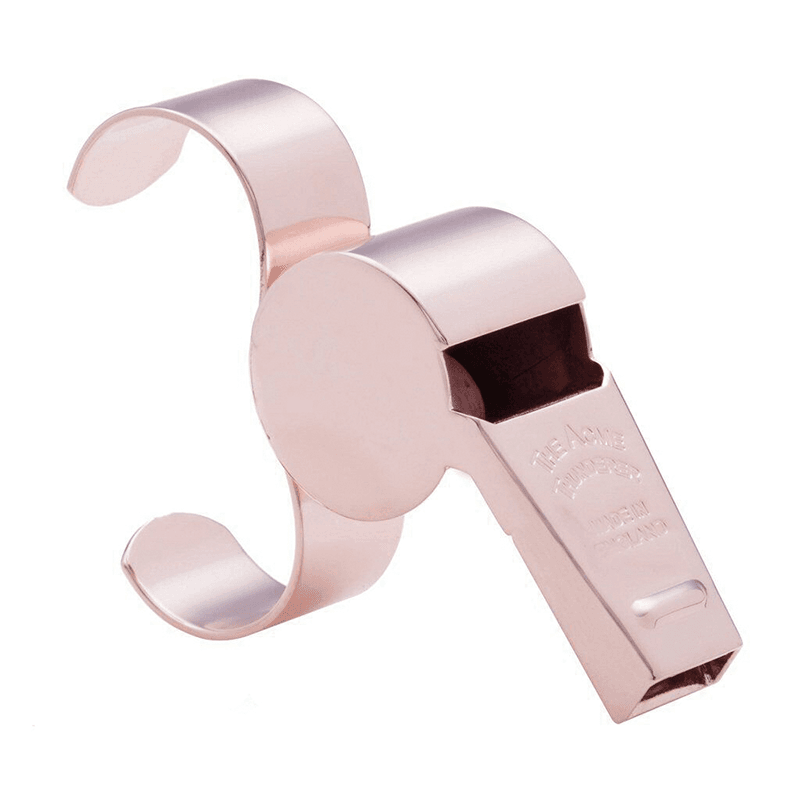 White plastic sports whistle with finger grip.
