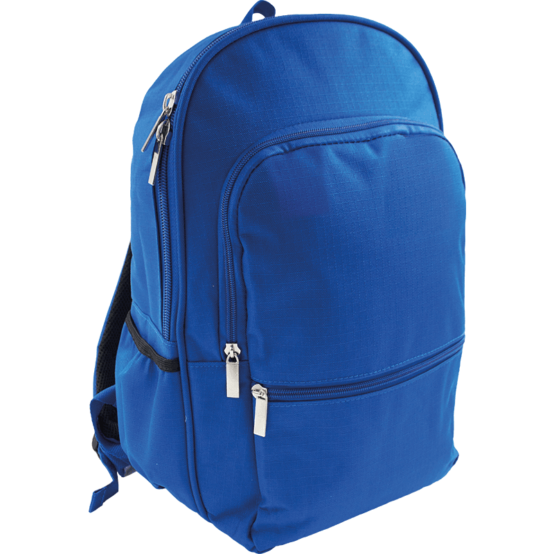 Blue sports backpack with zip compartments.