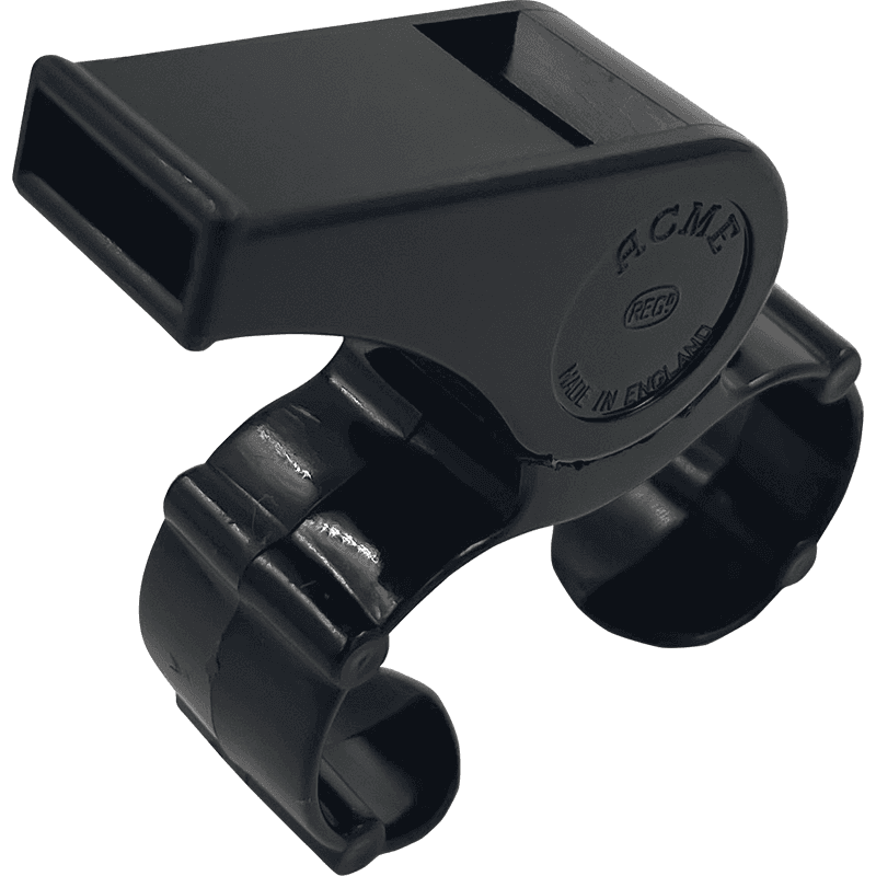 Black referee whistle with ergonomic finger grip.