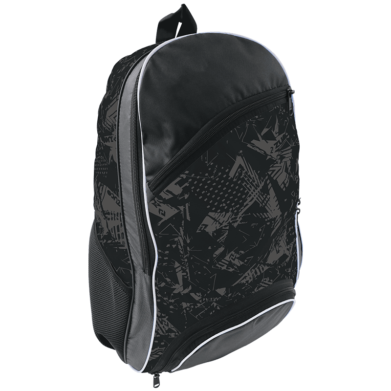 Black sports backpack shown from a rear angle.