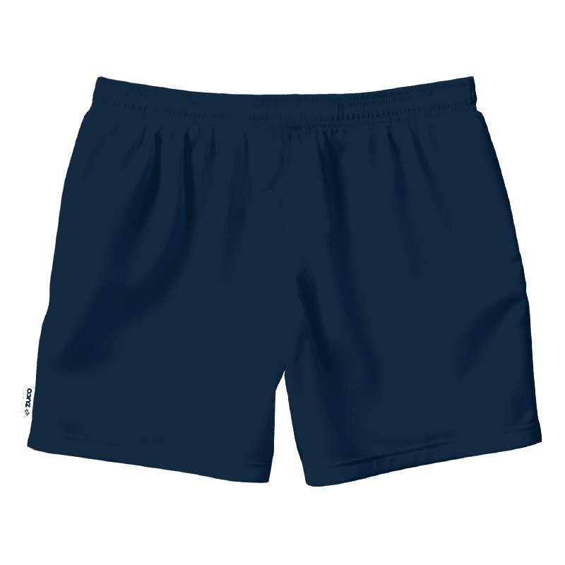 Navy athletic shorts with elastic waistband.
