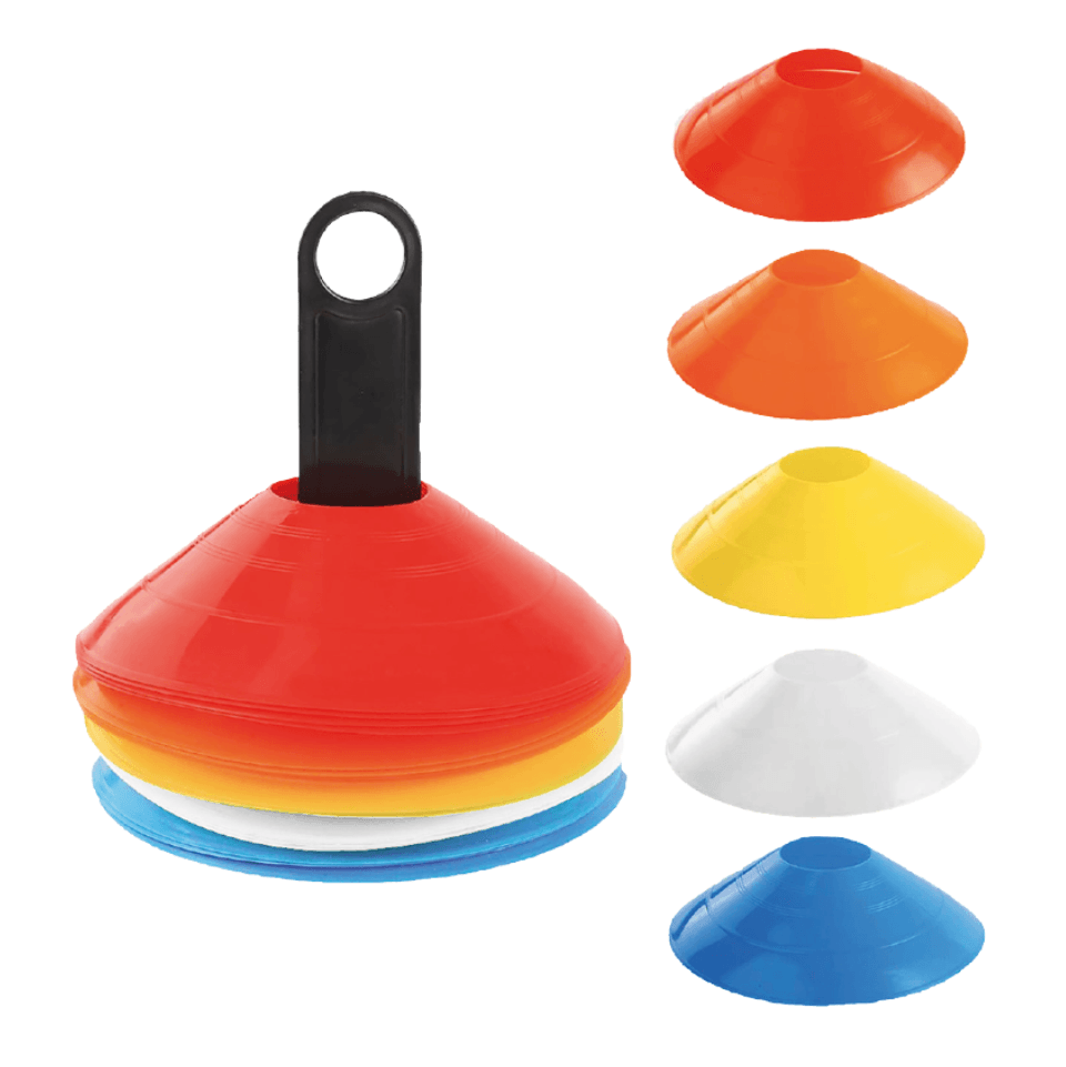 Set of red, orange and yellow marker cones for sports training.