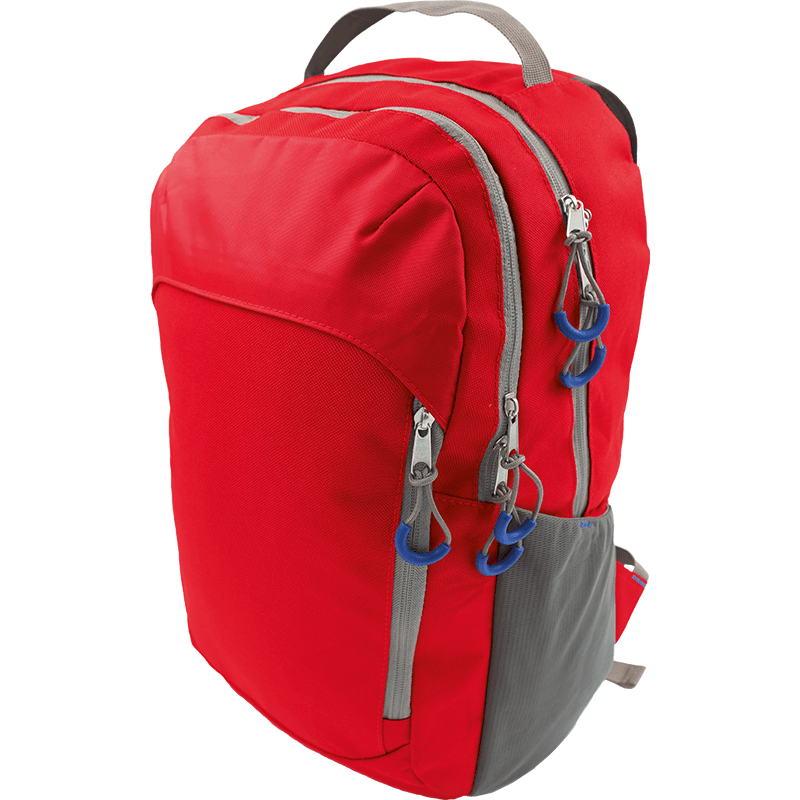 Red sports backpack with grey side panels.