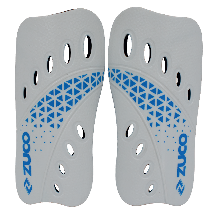 White shin guards with ventilation holes and blue detailing.