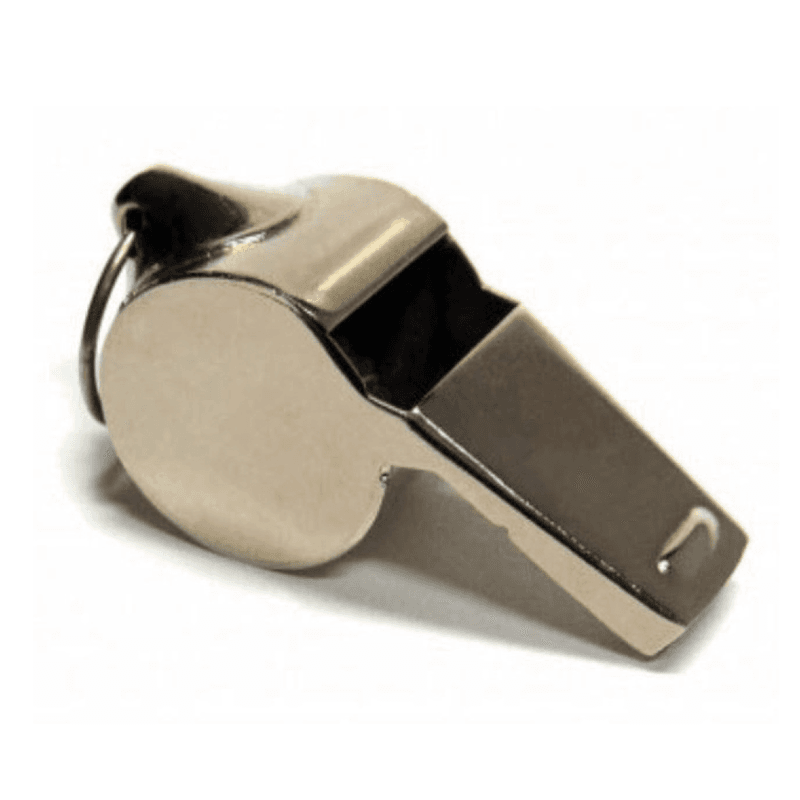 Black and white sports whistle with lanyard.