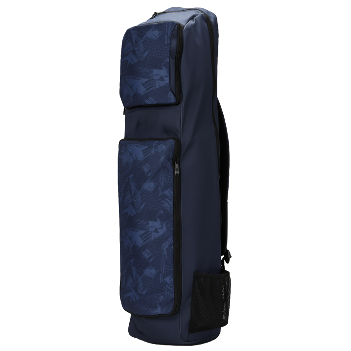 Navy vertical sports equipment bag with zip compartments.