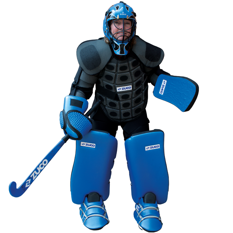Goalkeeper wearing protective sports padding and gloves.