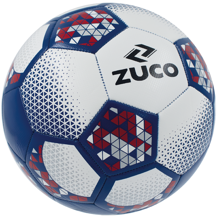 White, blue and red Zuco branded sports ball.