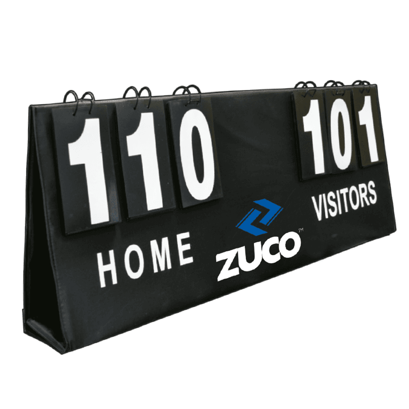 Portable Zuco sports scoreboard displaying home and visitor scores.