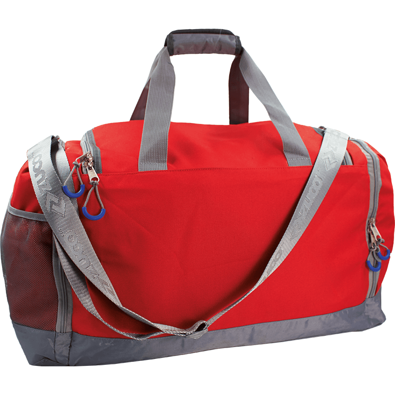 Red and grey sports duffel bag with white accents.