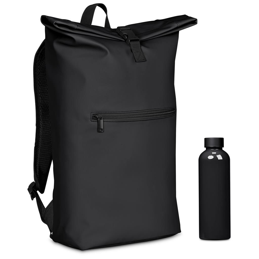 Black roll-top backpack shown from the side.