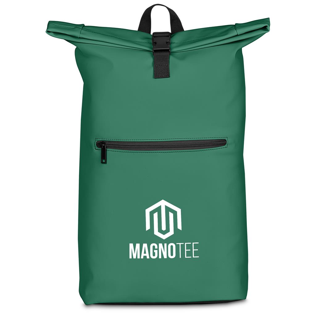Green roll-top backpack with front zip pocket.