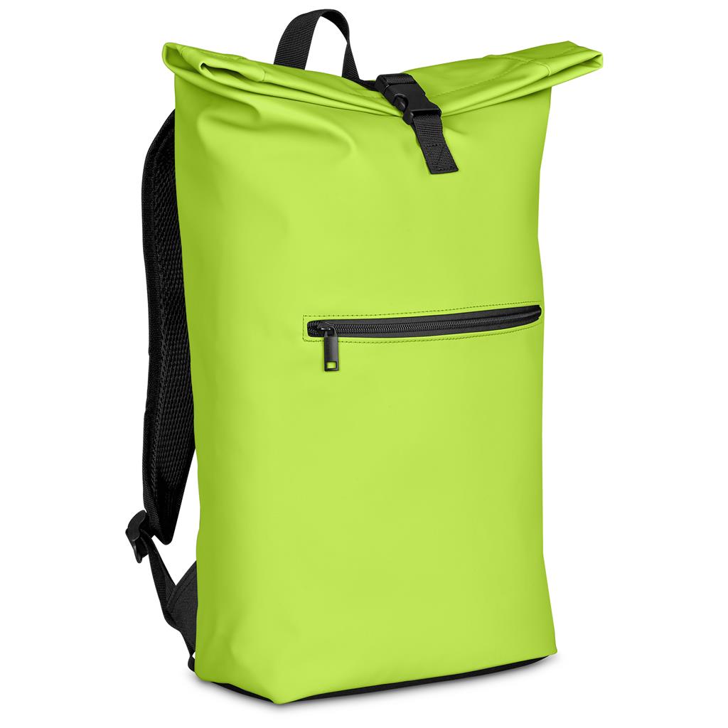 Lime green roll-top backpack with front zip pocket.