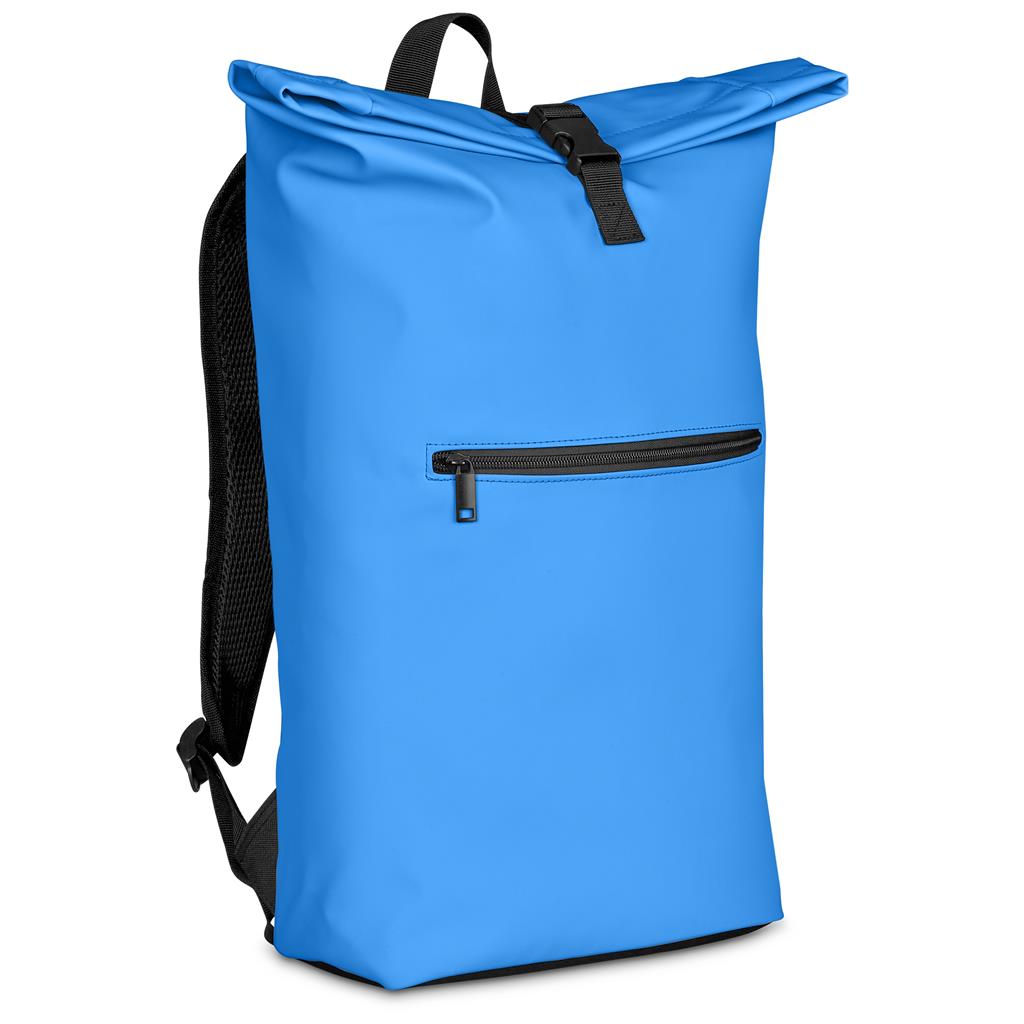 Bright blue roll-top backpack with front zip pocket.
