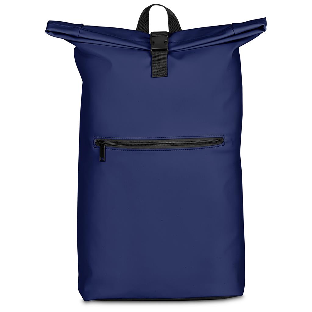 Navy roll-top backpack with front zip pocket.