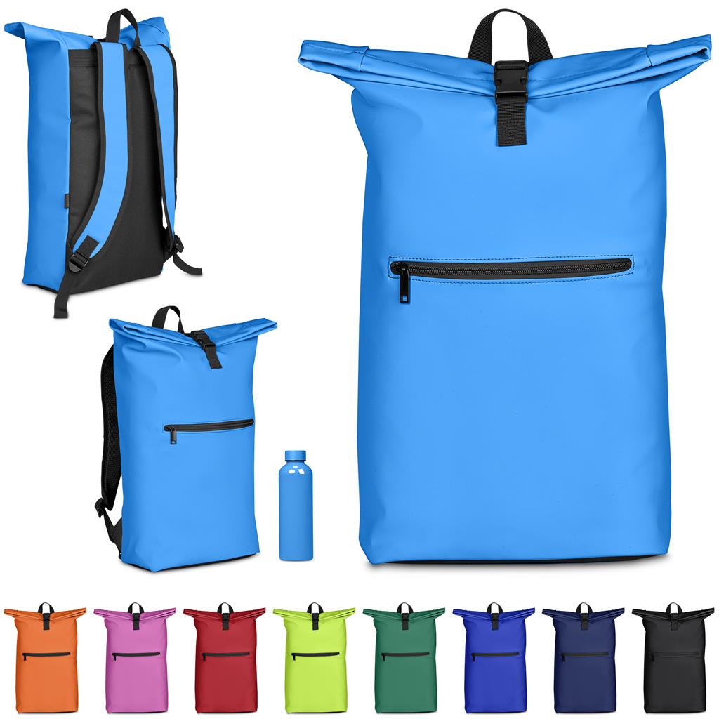 Blue roll-top backpack shown with adjustable straps.