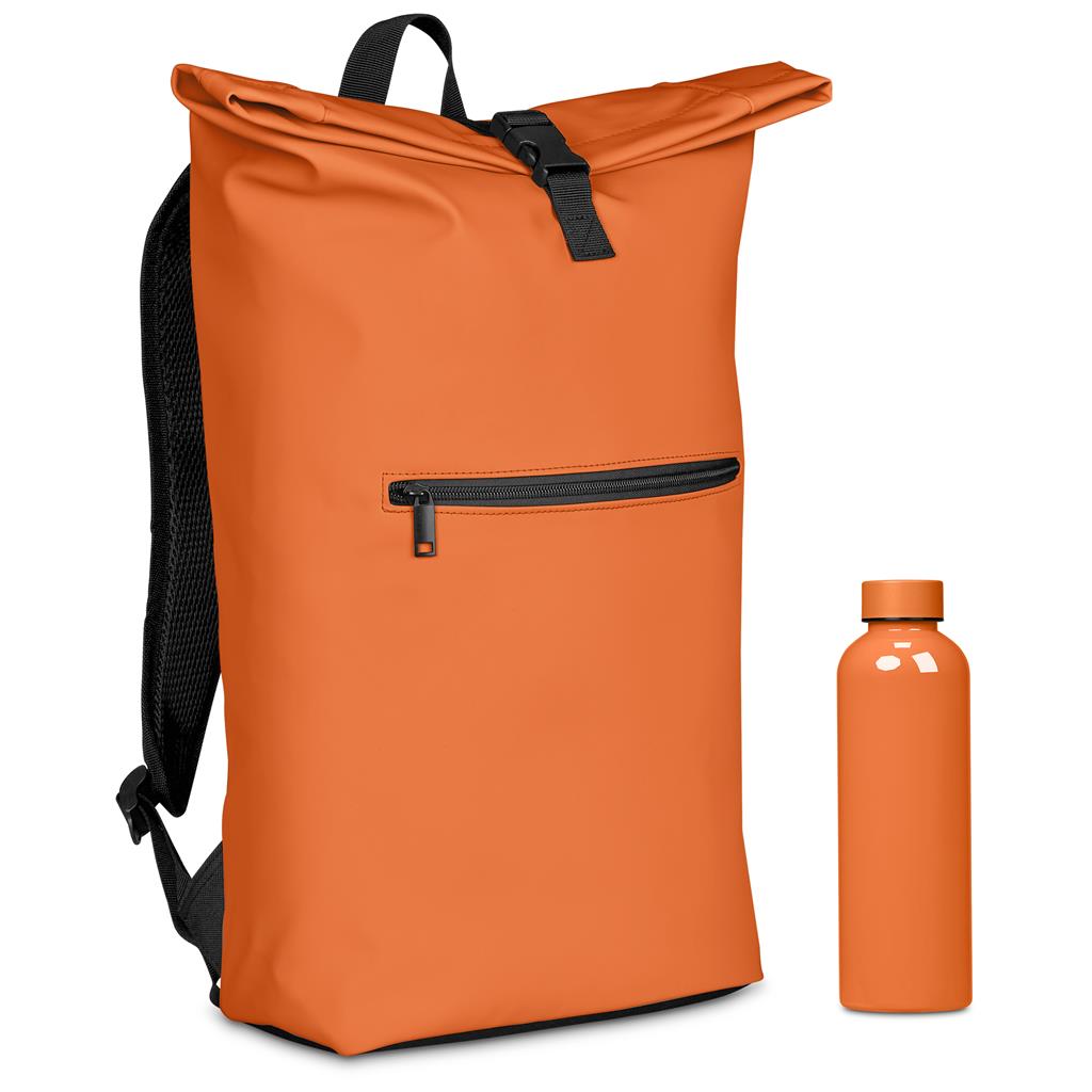Orange roll-top backpack with front zip pocket.