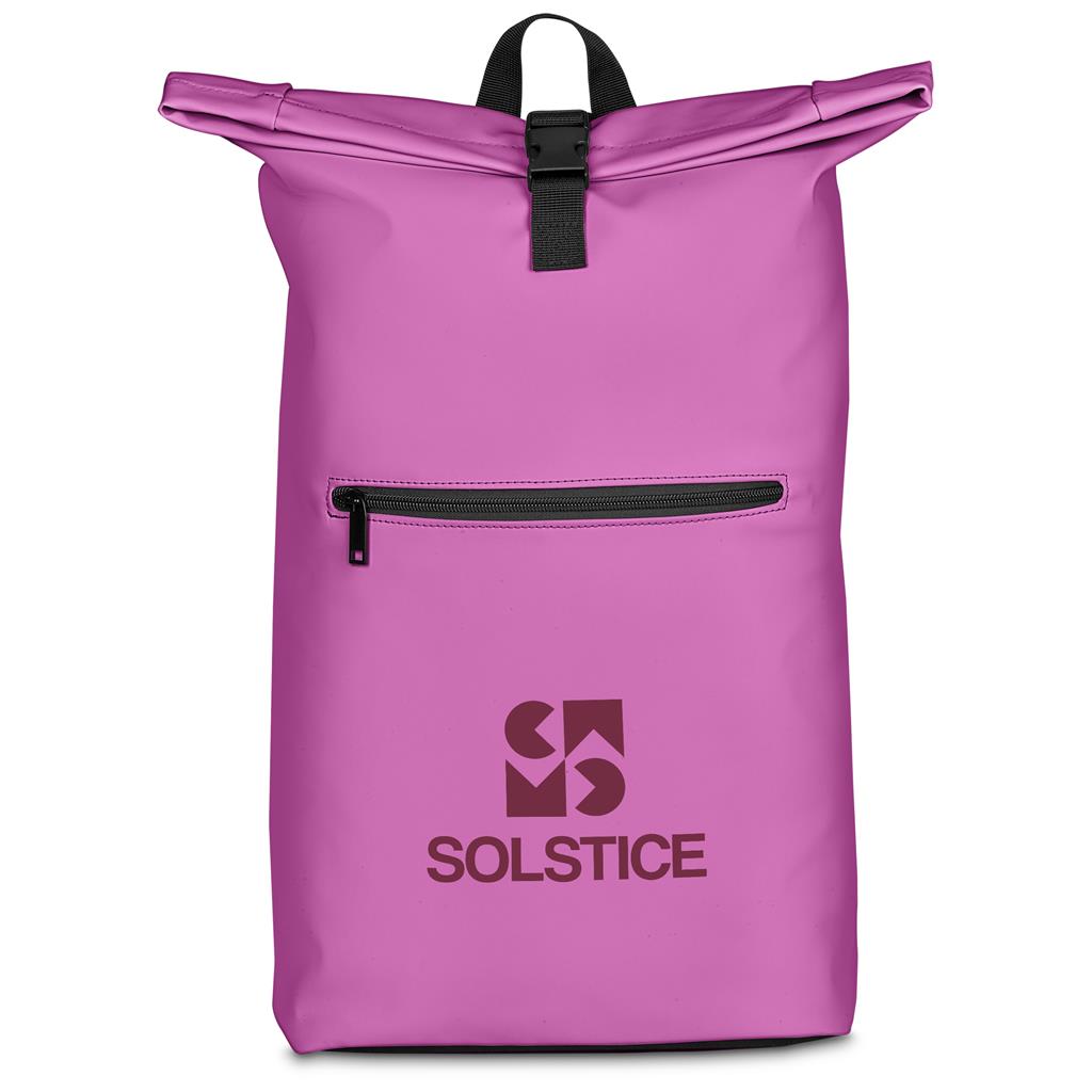 Purple roll-top backpack with front zip pocket.