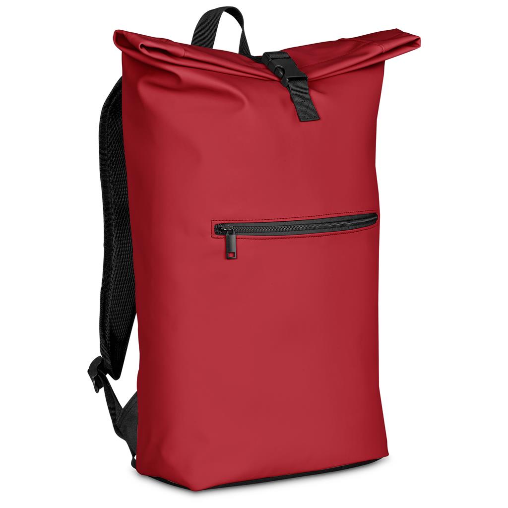 Red roll-top backpack with front zip pocket.