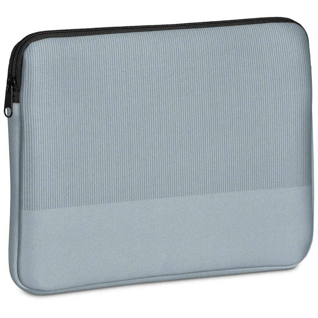 Light blue textured zip pouch with black zip closure.