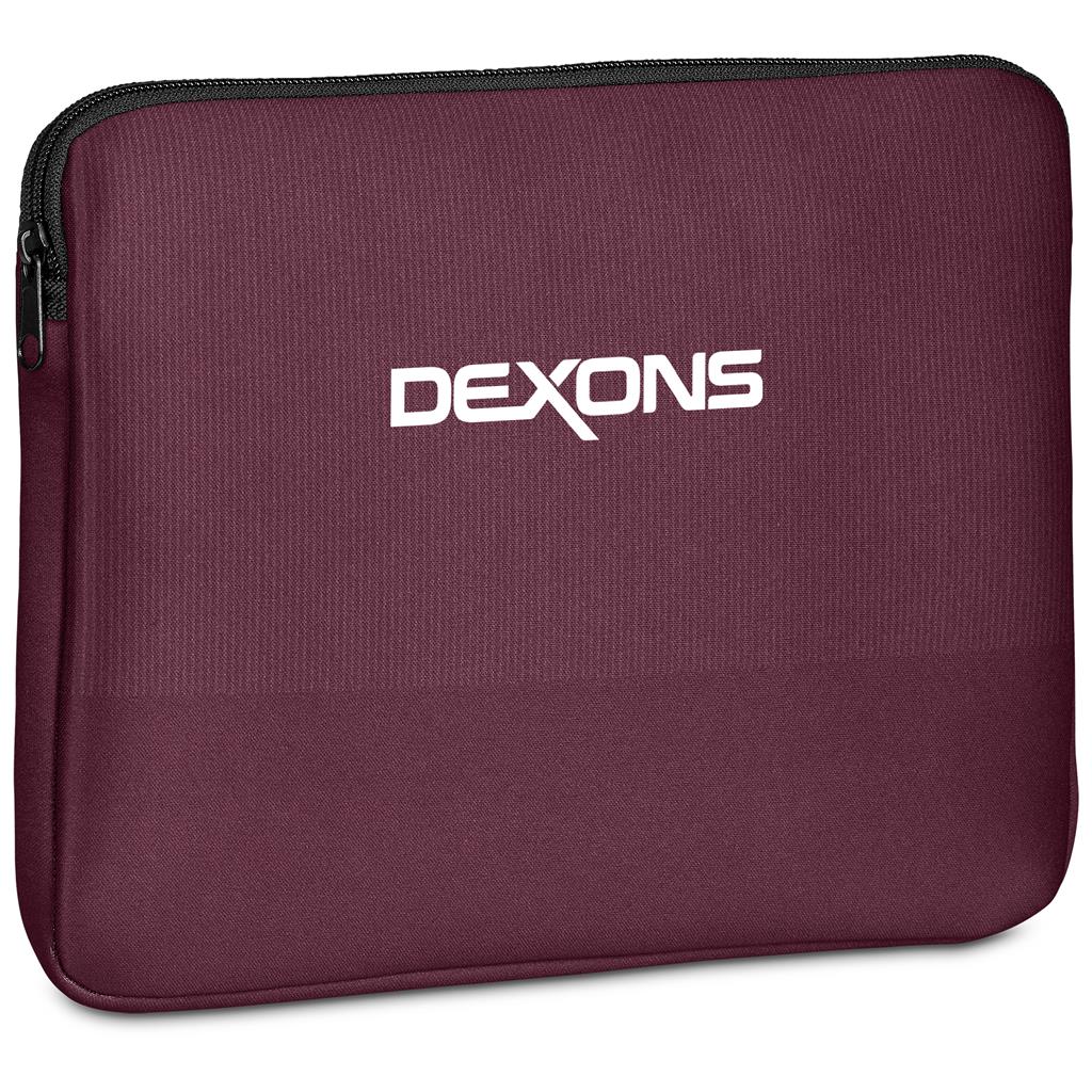 Burgundy branded zip pouch with white Dexons logo.