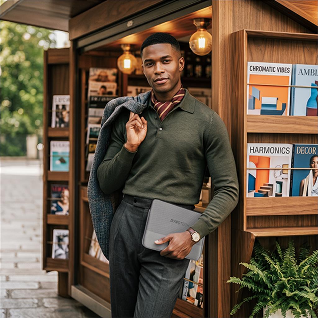 Lifestyle image of a man wearing branded apparel indoors.