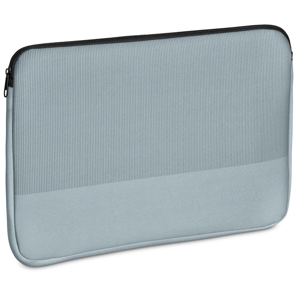 Light blue textured fabric pouch with zip closure.