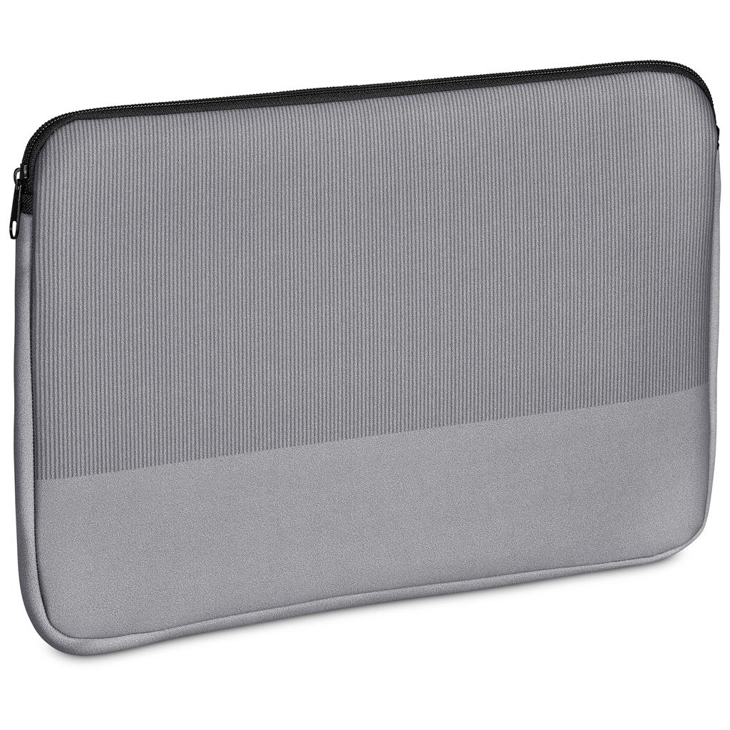 Grey textured fabric pouch with zip closure.