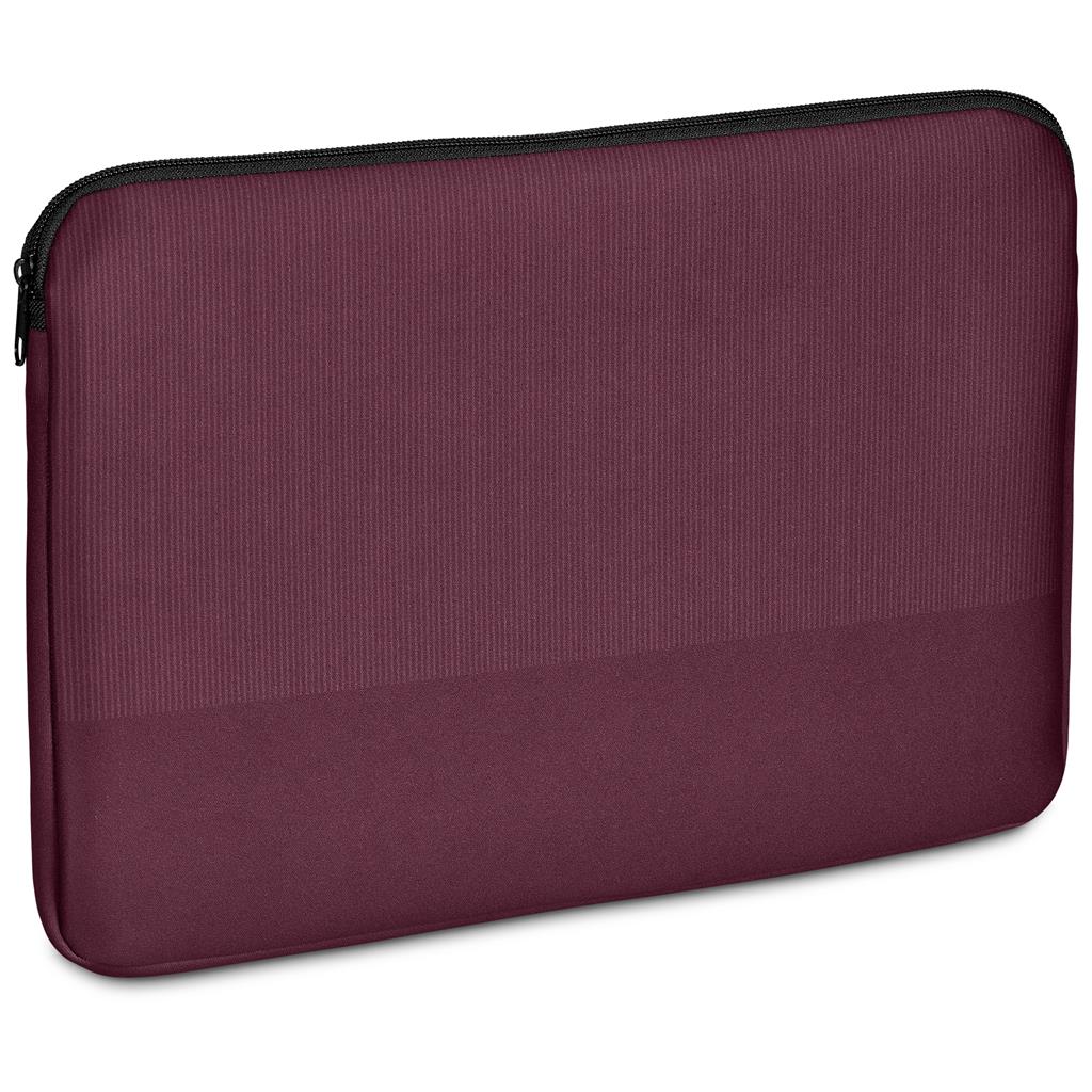 Burgundy textured fabric pouch with zip closure.