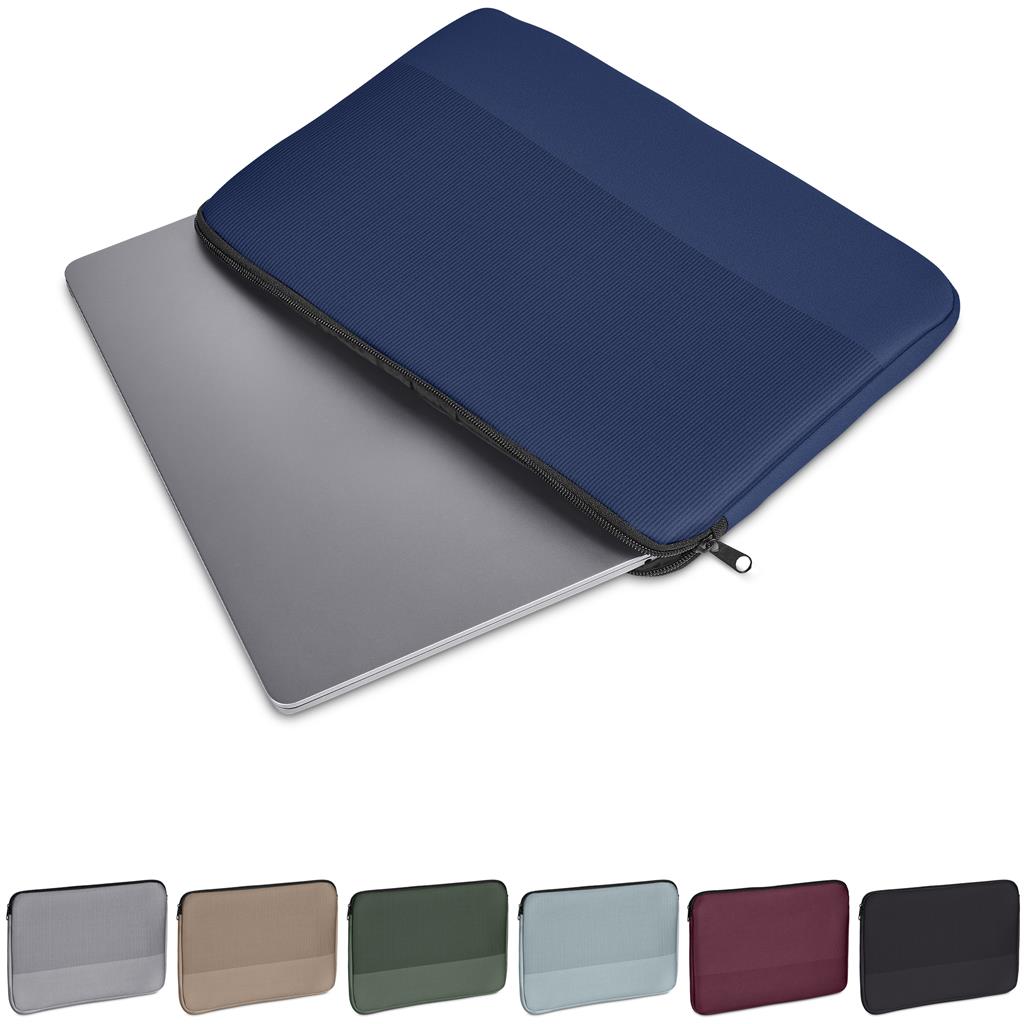 Navy fabric pouch or sleeve for branded corporate gifting.