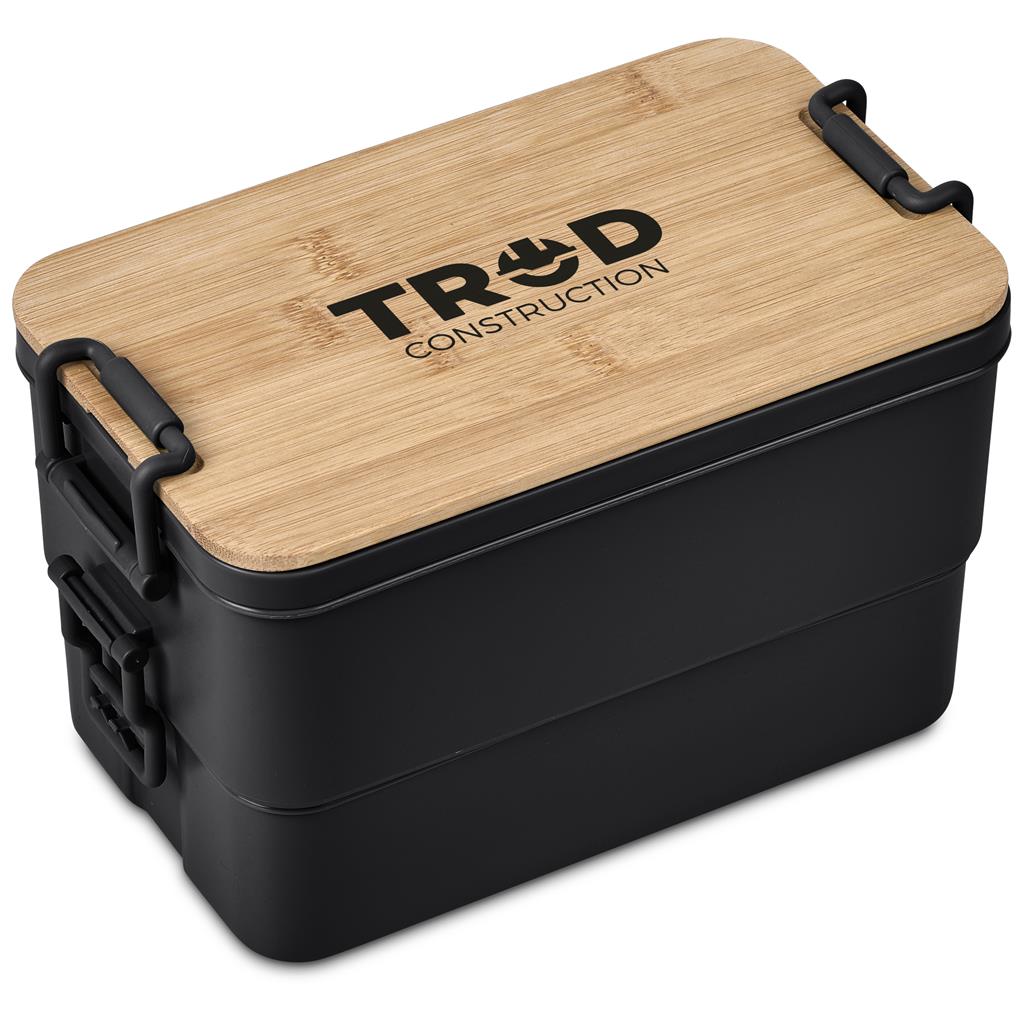 Bamboo-lid lunch container with TR3D branding.