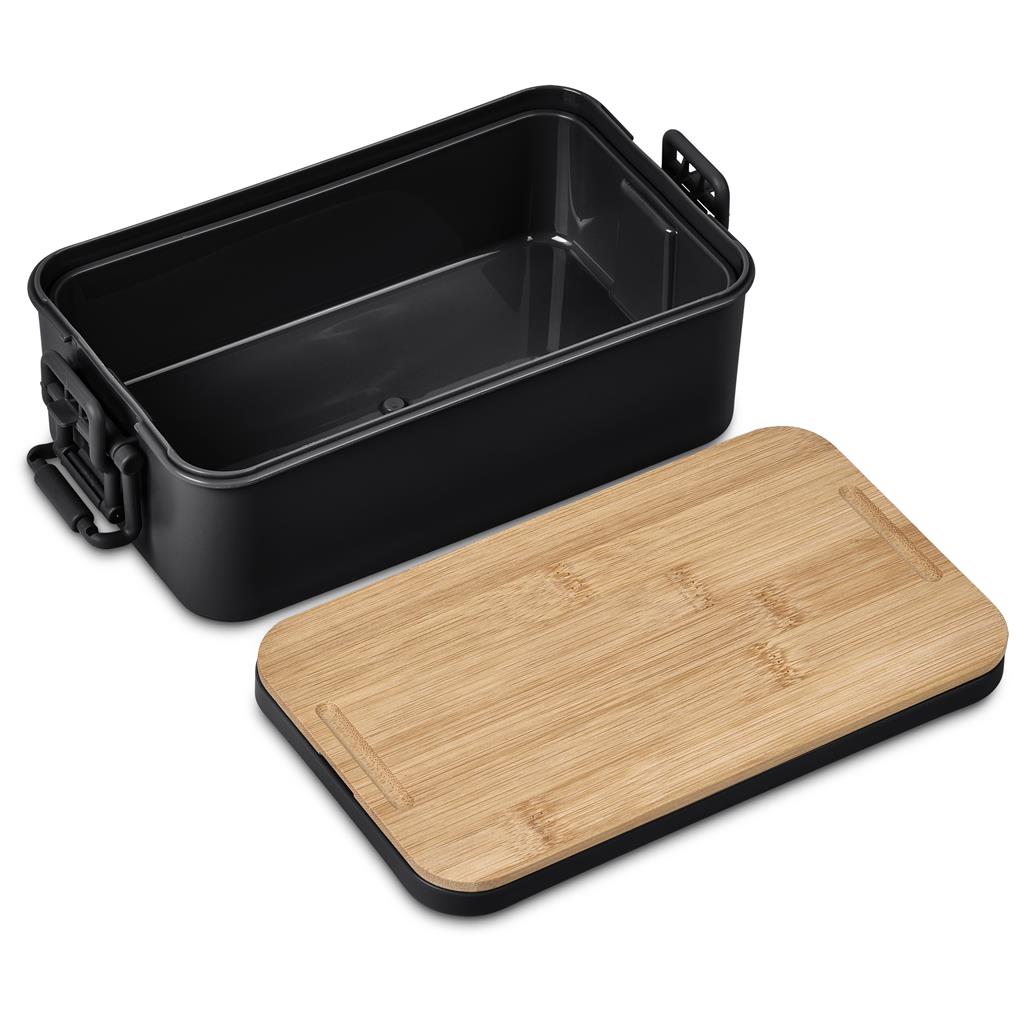 Black modular lunch container with removable compartment tray.
