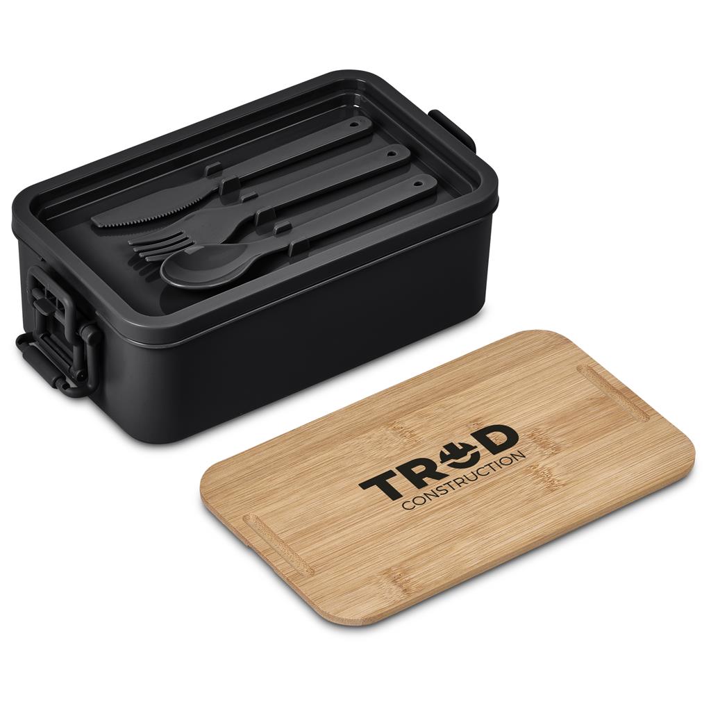 Black lunch container with bamboo lid shown open.