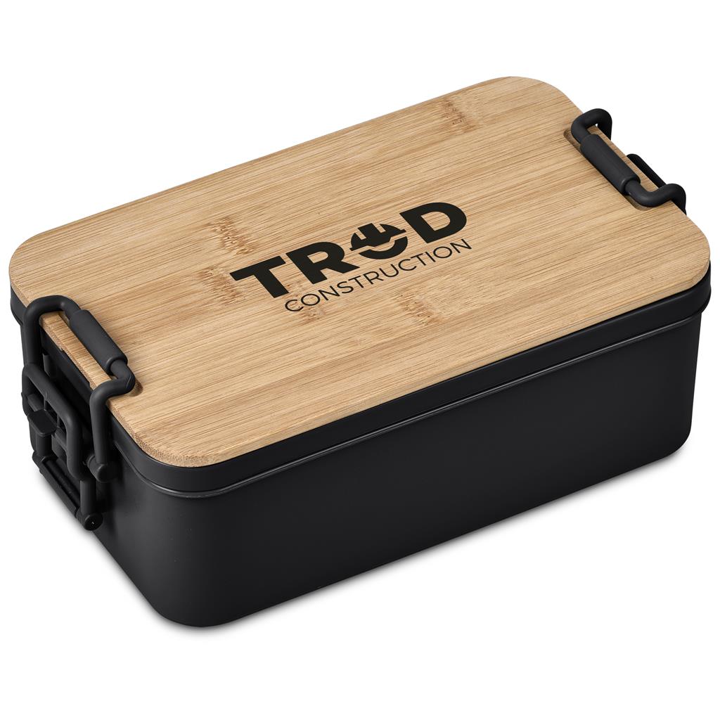 TR3D branded lunch container with bamboo lid.