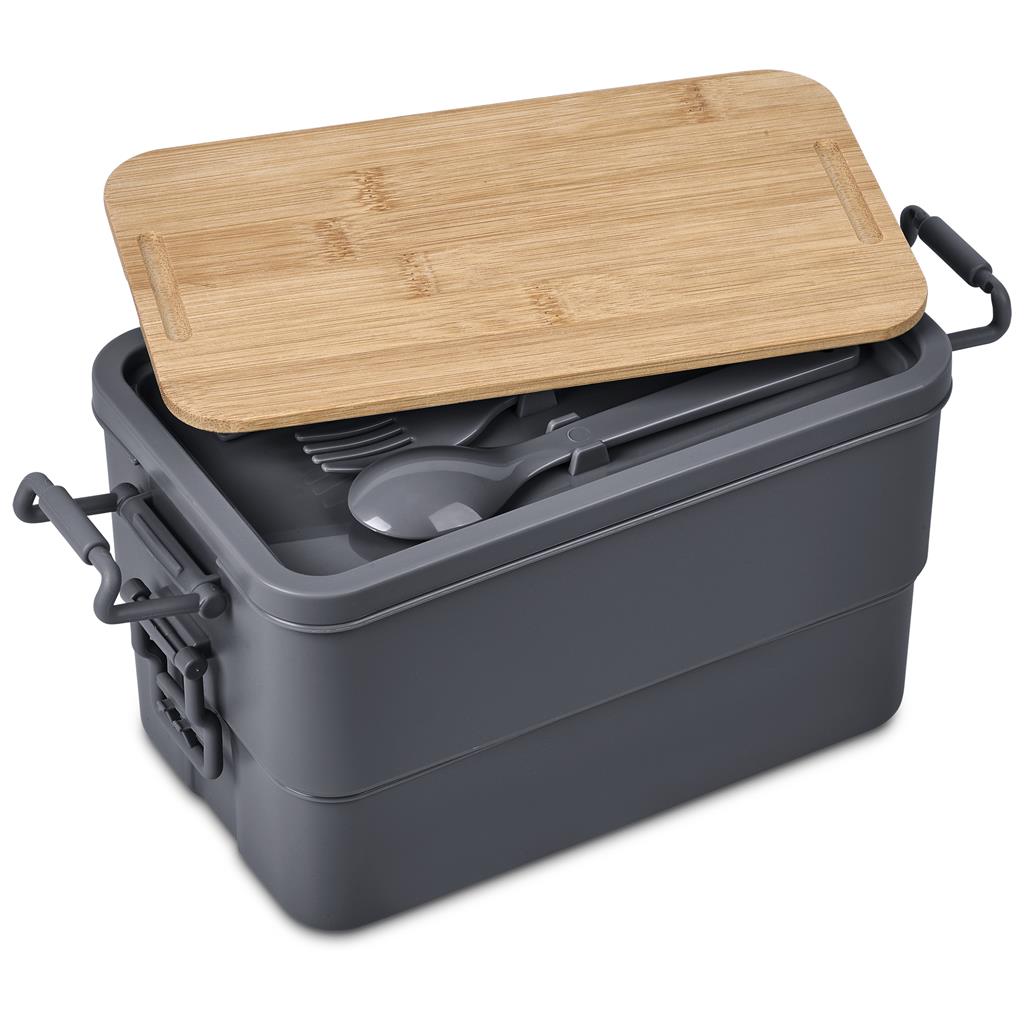 Lunch container with bamboo lid and removable inner compartments.