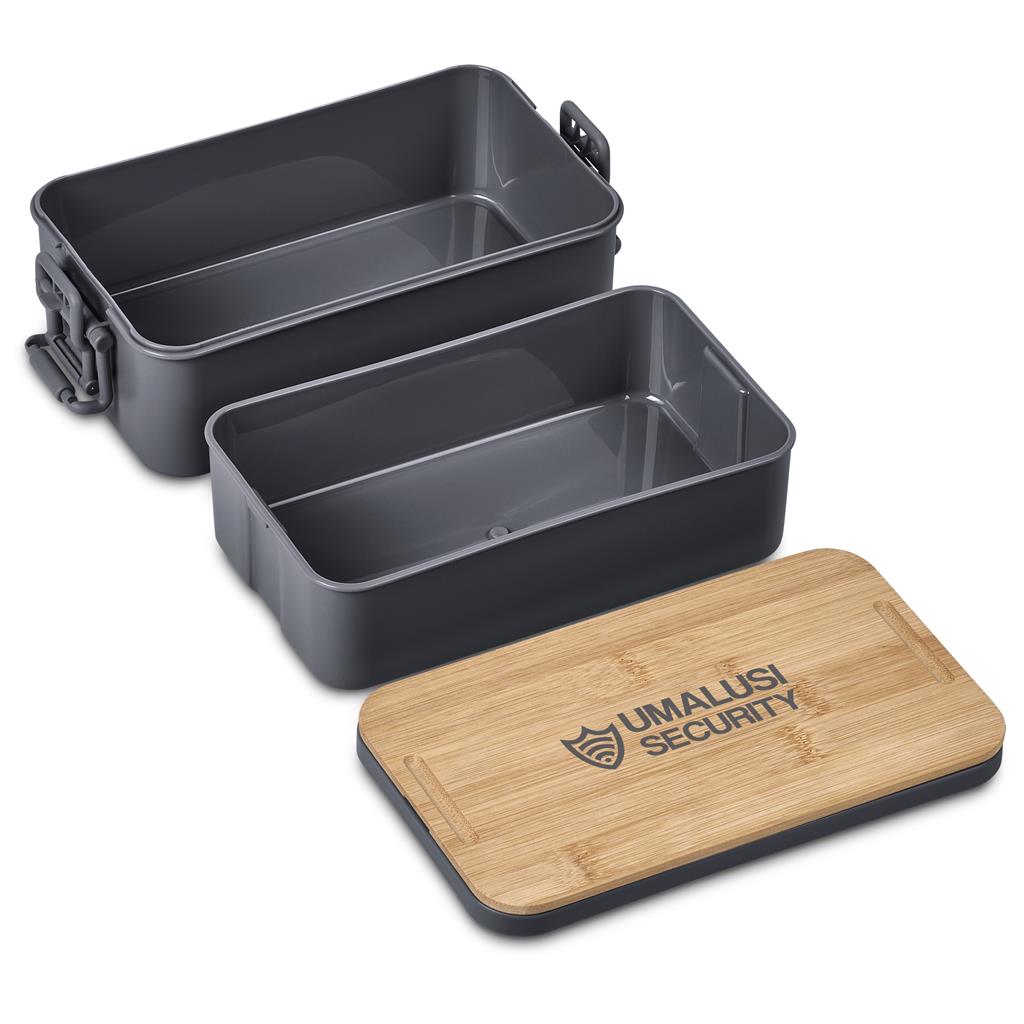 Black modular lunch container shown open.