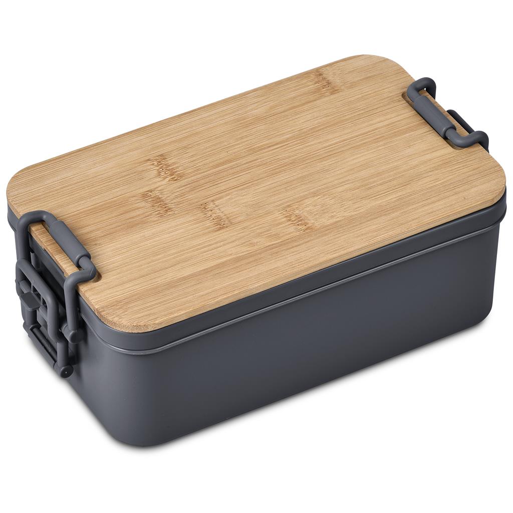 Bamboo-lid lunch container with custom printed branding.