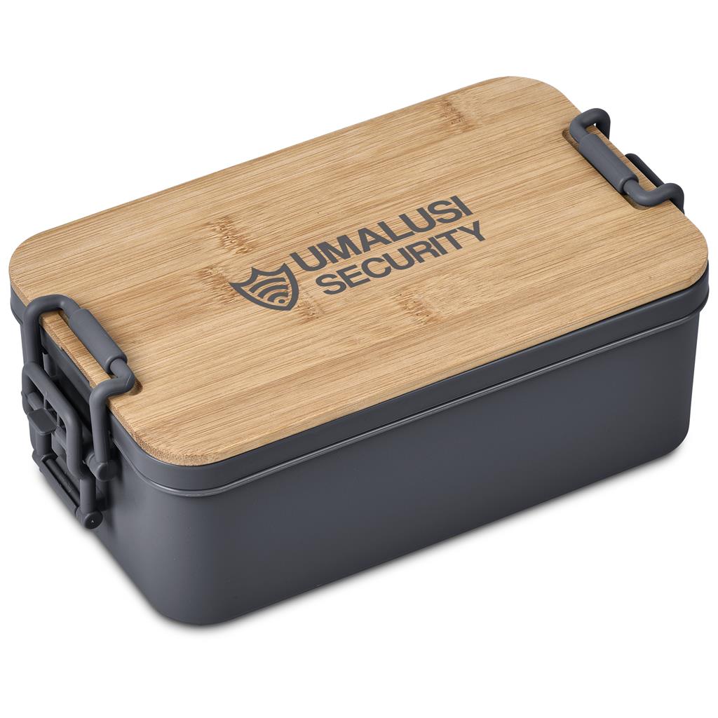 Branded lunch container with bamboo lid and engraved logo.