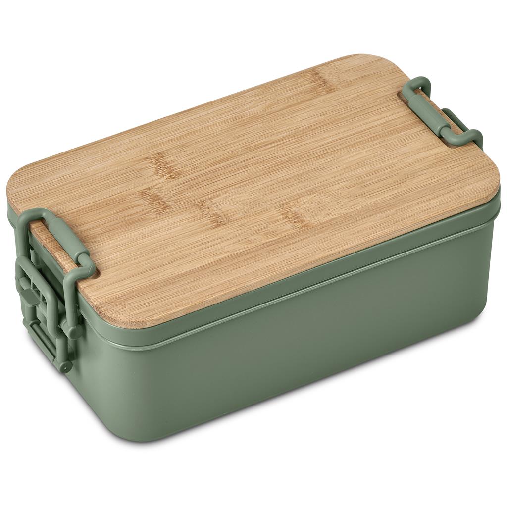 Green lunch container with bamboo lid shown at an angle.