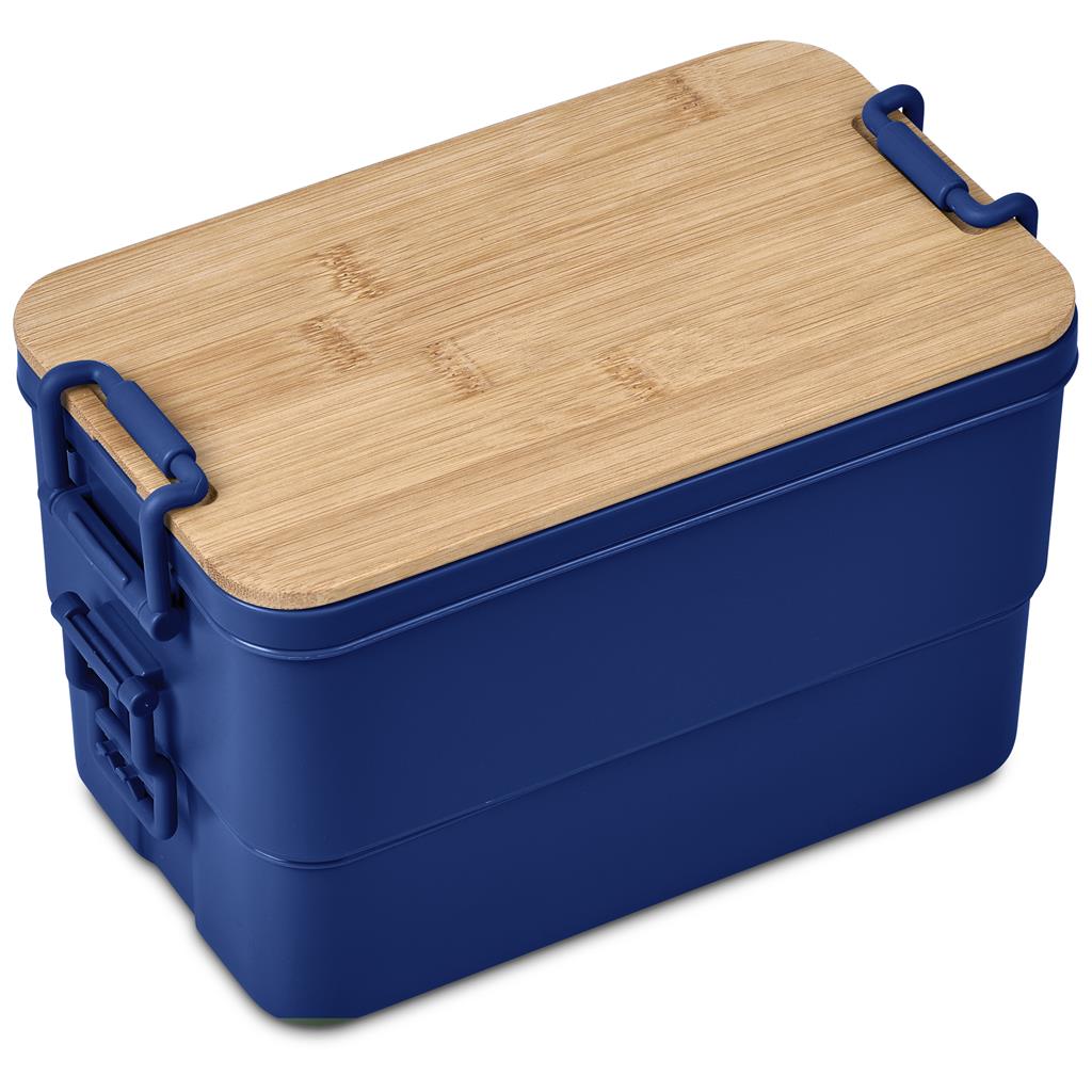 Blue lunch container with bamboo lid and custom branding.
