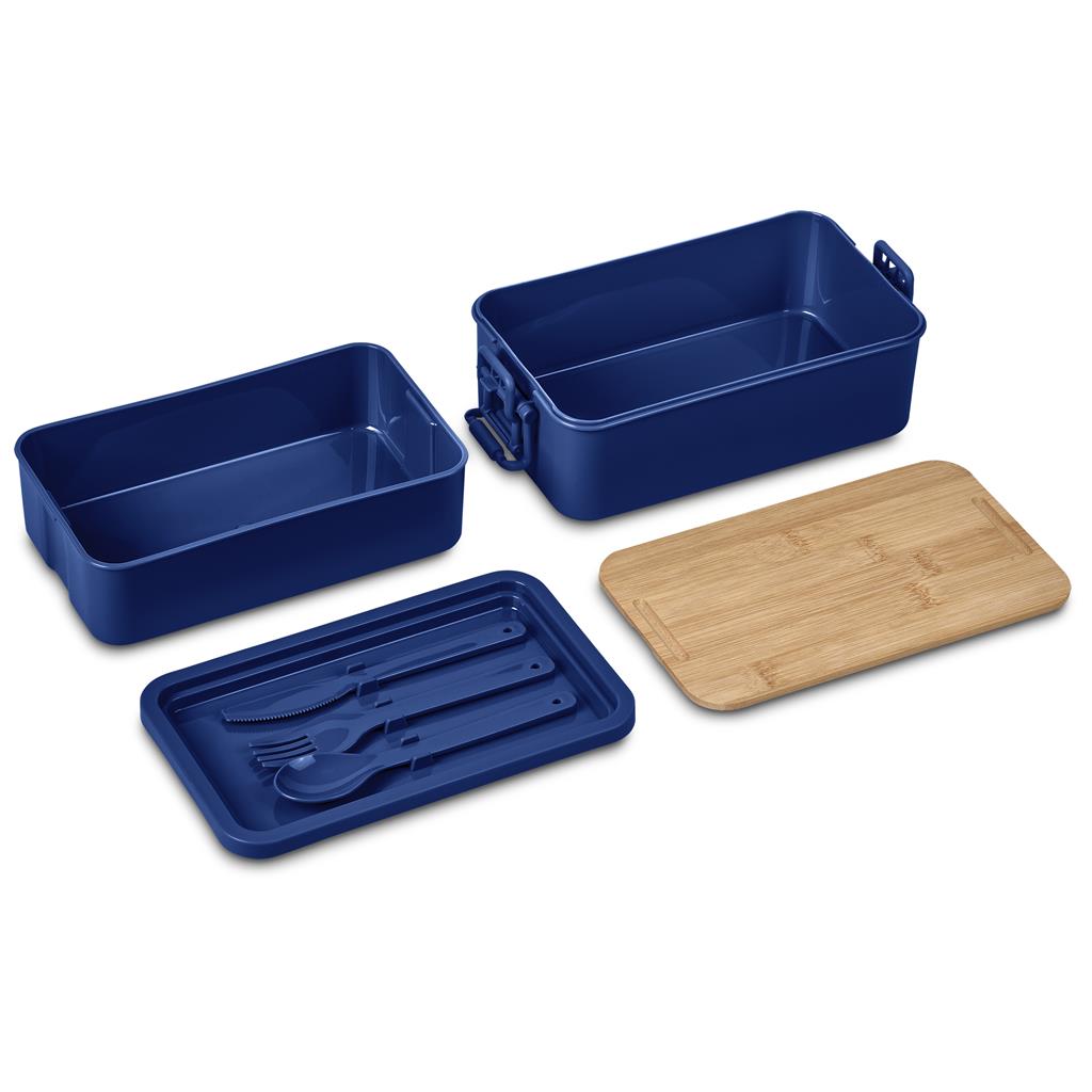 Blue modular lunch container shown open.