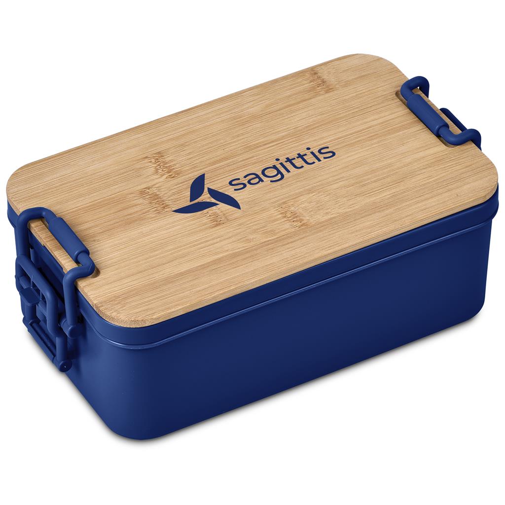 Navy lunch container with bamboo lid.
