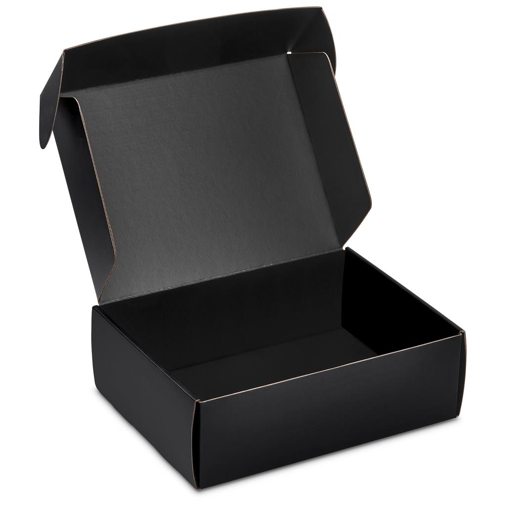 Black corporate gift box shown open.