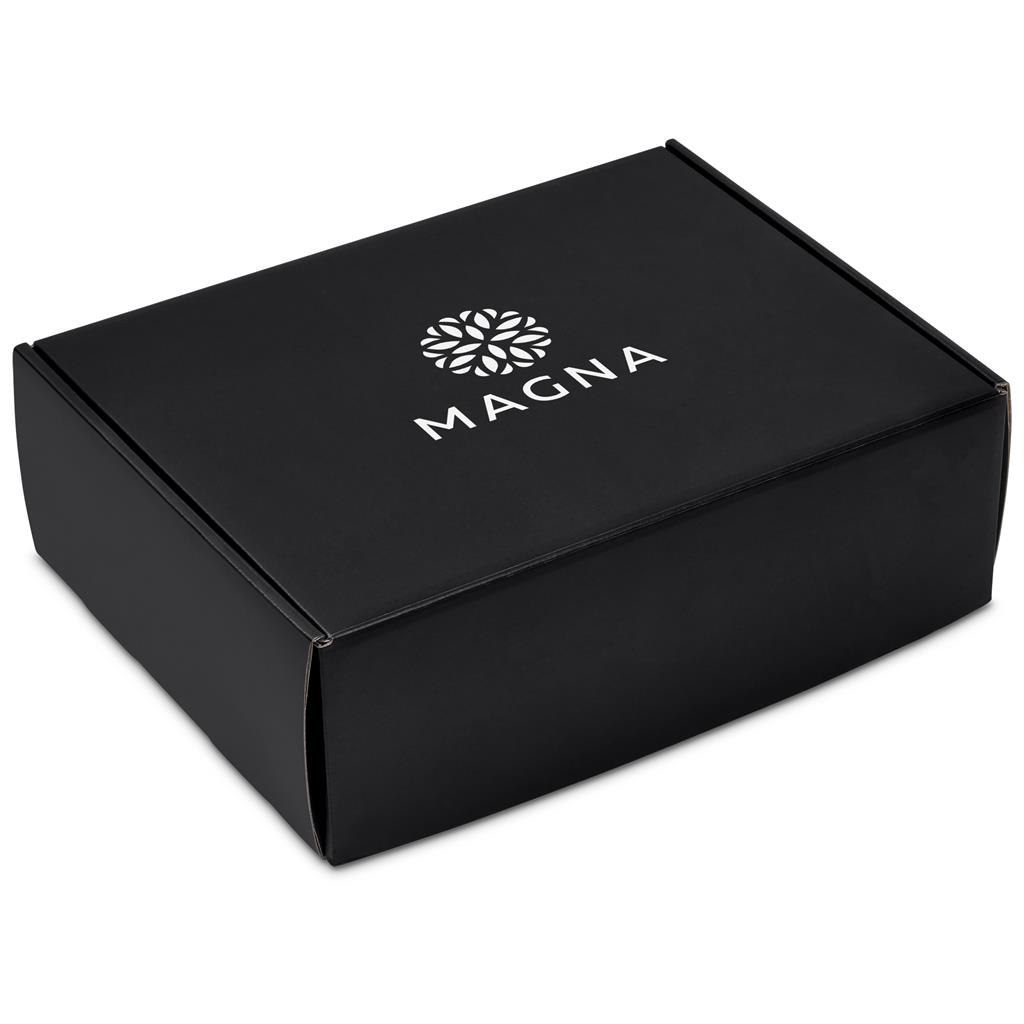 Black branded corporate gift box with white logo.