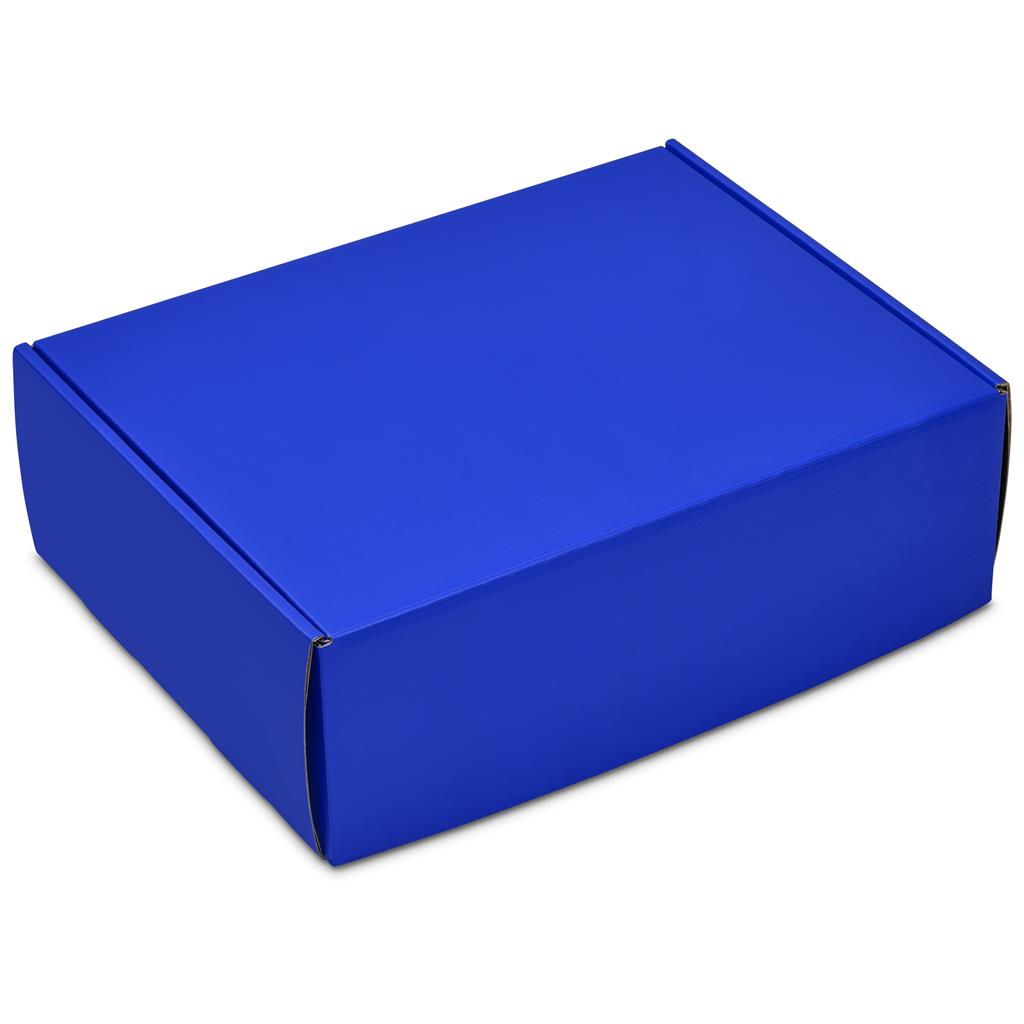 Royal blue rigid corporate gift box with fitted lid.