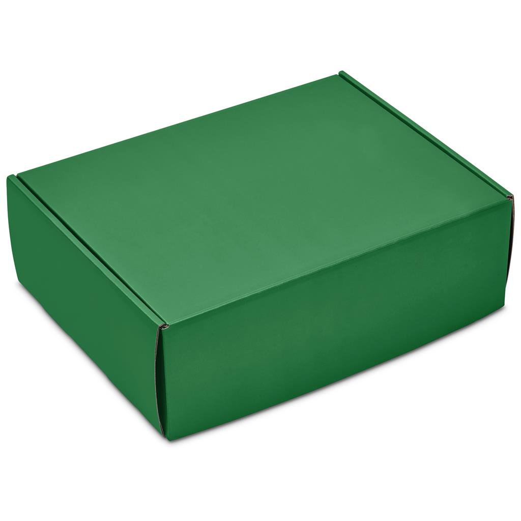 Green rigid corporate gift box with fitted lid.