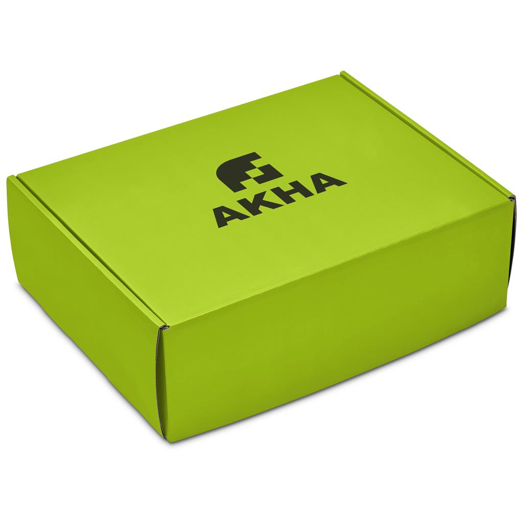 Lime green branded corporate gift box.