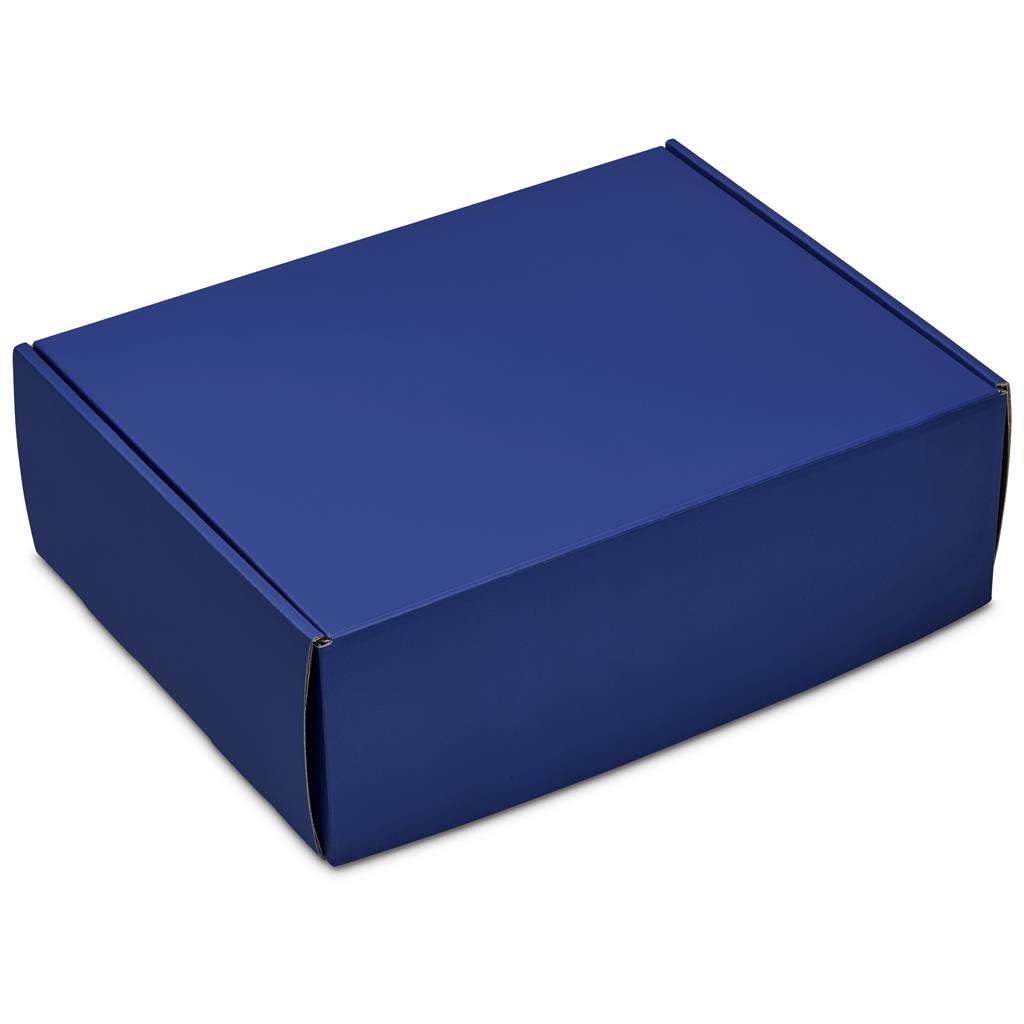 Navy rigid corporate gift box with fitted lid.