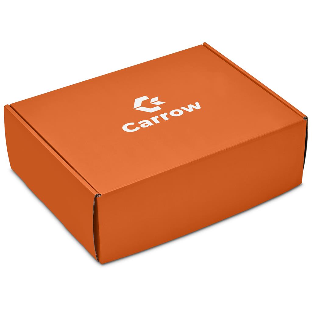 Orange branded corporate gift box with white logo.