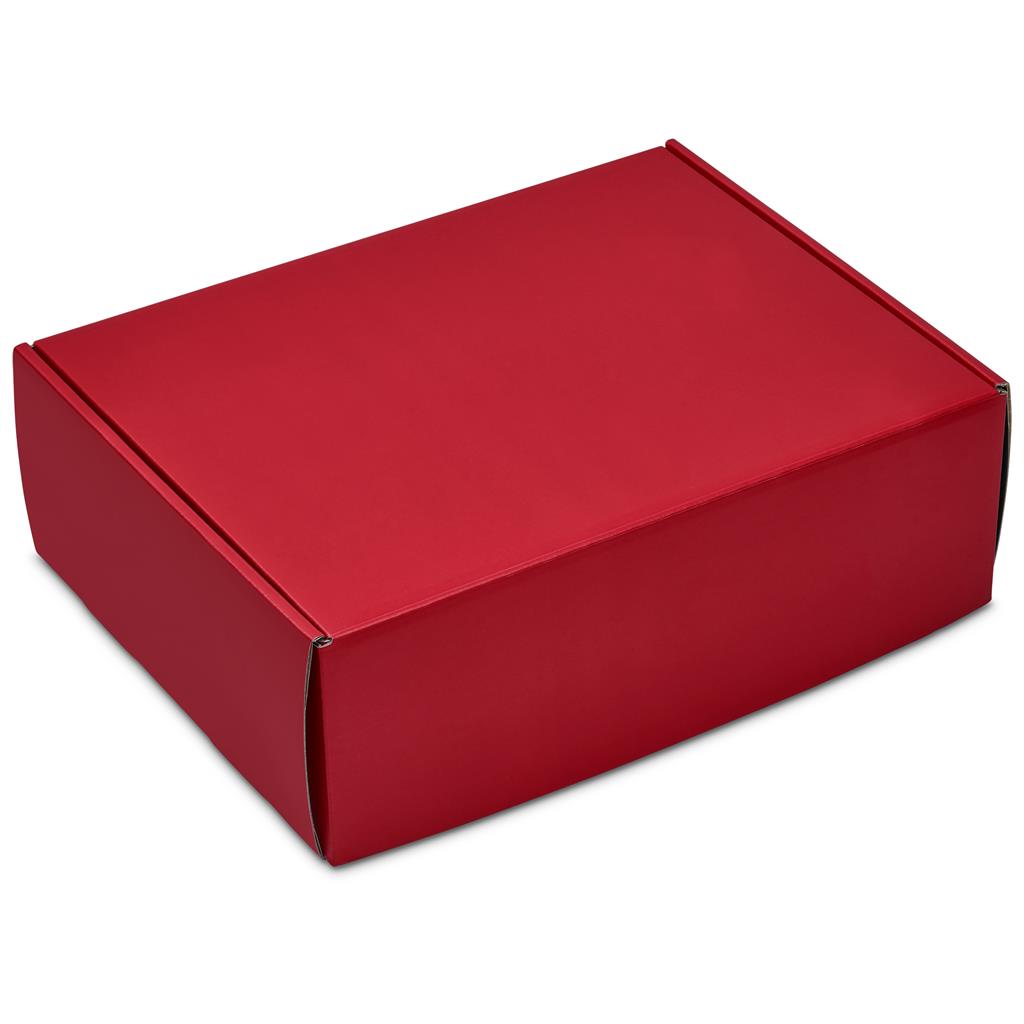 Red rigid corporate gift box with fitted lid.